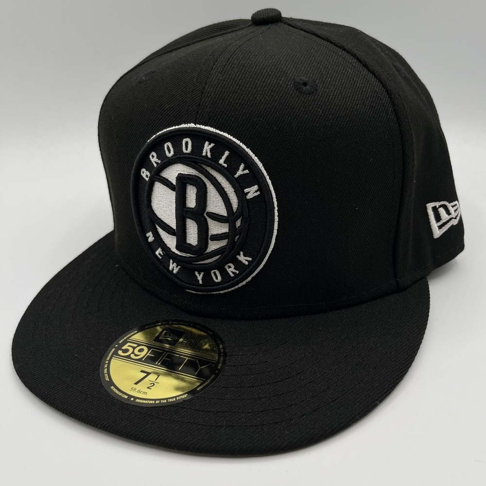 Brooklyn Nets New Era 59FIFTY Hat Cap Fitted Mens 7 1/2 Black NBA Basketball NEW
